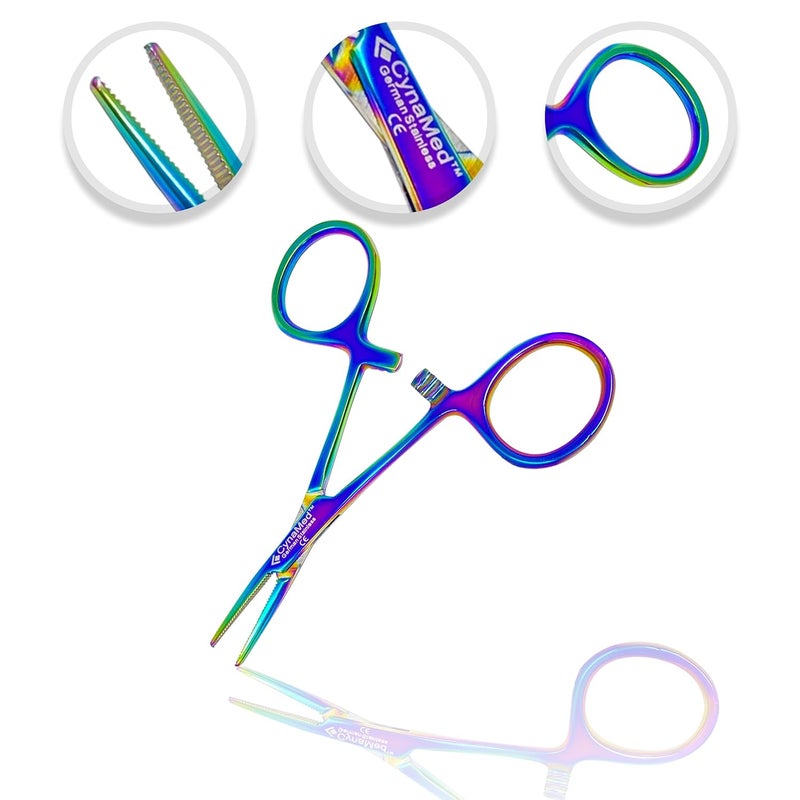 CYNAMED Mosquito Hemostatic Forceps with Multicolor/Rainbow Titanium Coating - Premium Quality - Hemostat Clamping Pliers with Serrated Jaws - 3.5 in. (Straight) - Image 4